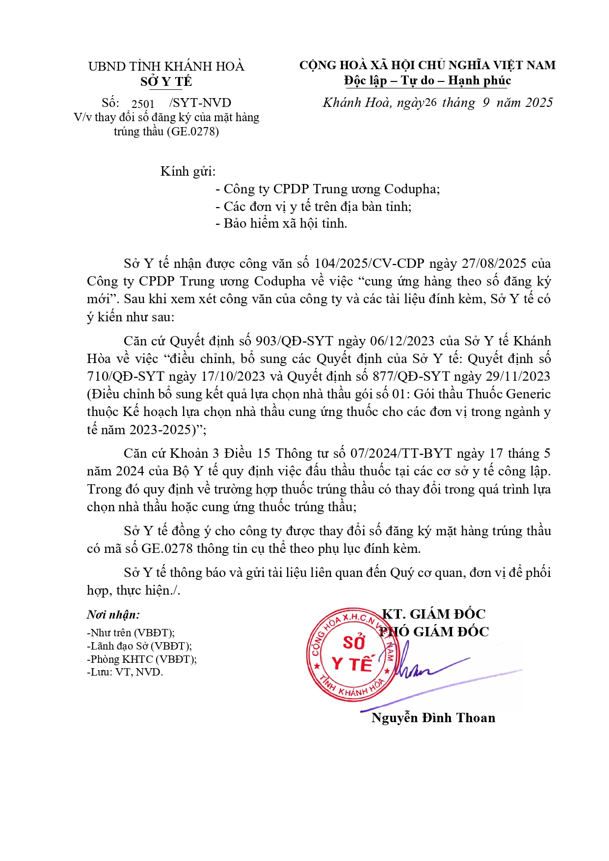 V/v thay đổi số đăng ký của mặt hàng trúng thầu (GE.0278)